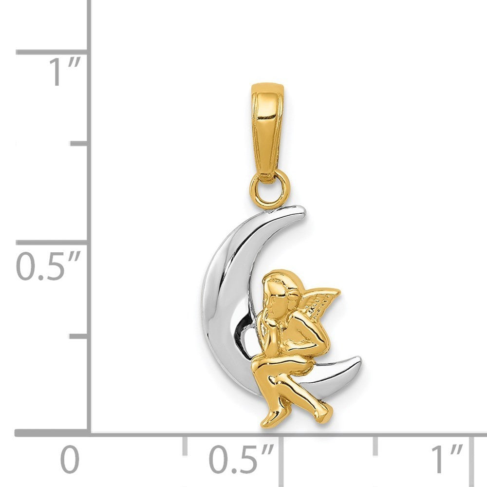 14k Yellow Gold and Rhodium Polished Moon Angel Pendant