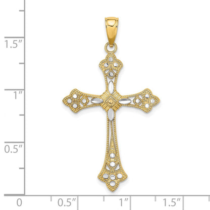 14k Yellow Gold Rhodium Diamond-Cut Edges Cross Charm Pendant