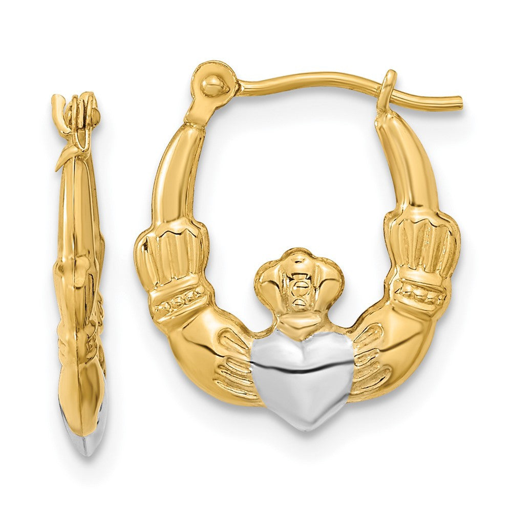 14k Yellow Gold w/White Rhodium Polished Claddagh Hoops