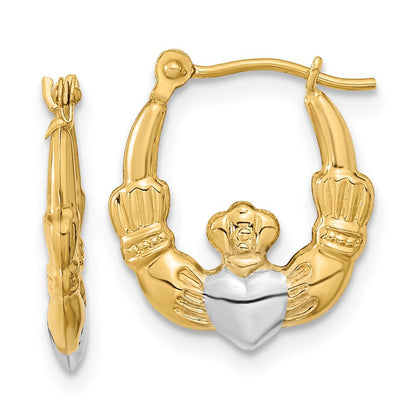 14k Yellow Gold w/White Rhodium Polished Claddagh Hoops