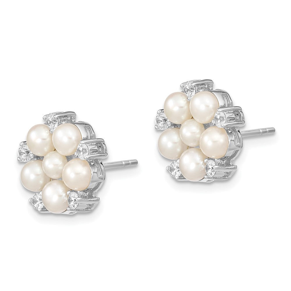 Sterling Silver 3-5mm Button Freshwater Cultured Pearl & CZ Flower Stud Earrings