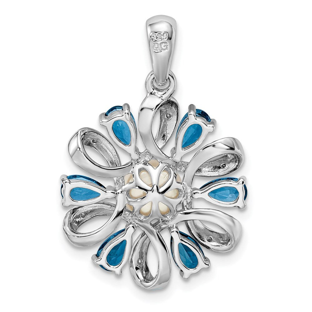 Sterling Silver Rhodium Plated Diamond and London Blue Topaz Flower Pendant
