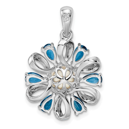 Sterling Silver Rhodium Plated Diamond and London Blue Topaz Flower Pendant