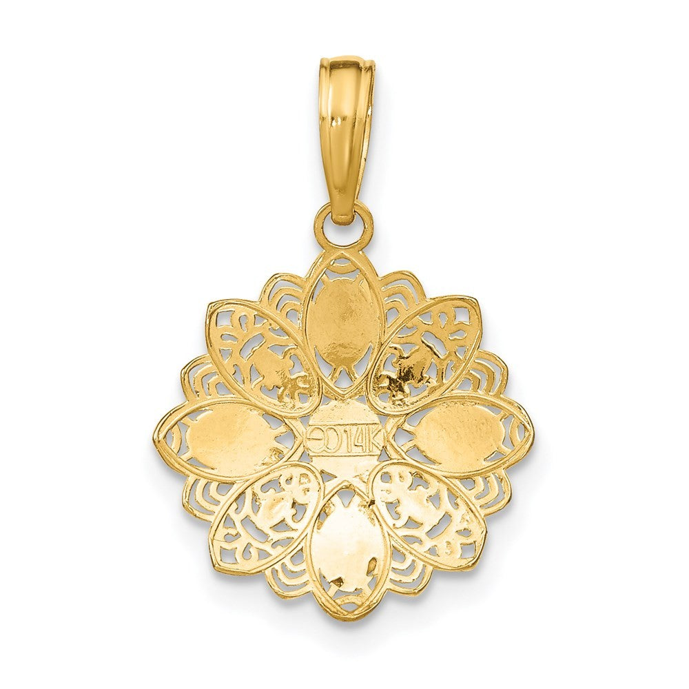 14k Yellow Gold Rhodium and Diamond-Cut Filigree Flower Charm Pendant