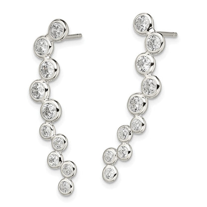 Sterling Silver Rhod-plated Polished Bezel CZ Ear Climber Dangle Earrings