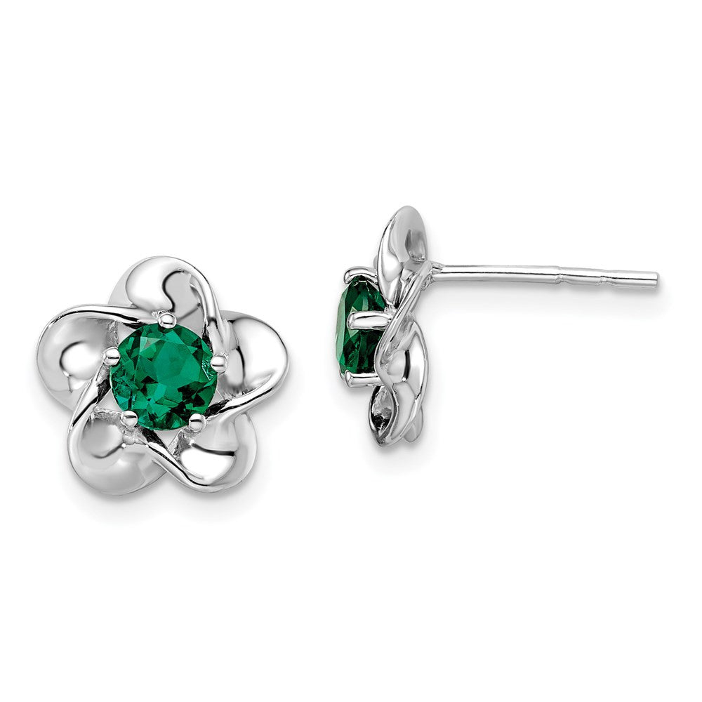 Sterling Silver Rhodium-plated Floral Created Emerald Button Stud Earrings