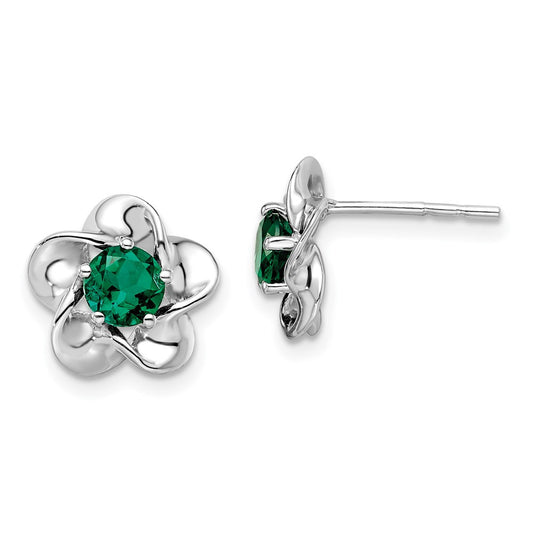 Sterling Silver Rhodium-plated Floral Created Emerald Button Stud Earrings