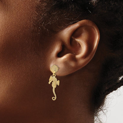 14k Yellow Gold Shell & Seahorse Dangle Earrings