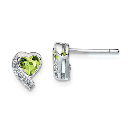 Sterling Silver Rhodium-plated Peridot and Diamond Heart Button Stud Earrings