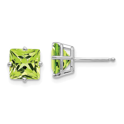 14k White Gold 7mm Princess Cut Peridot Stud Earrings
