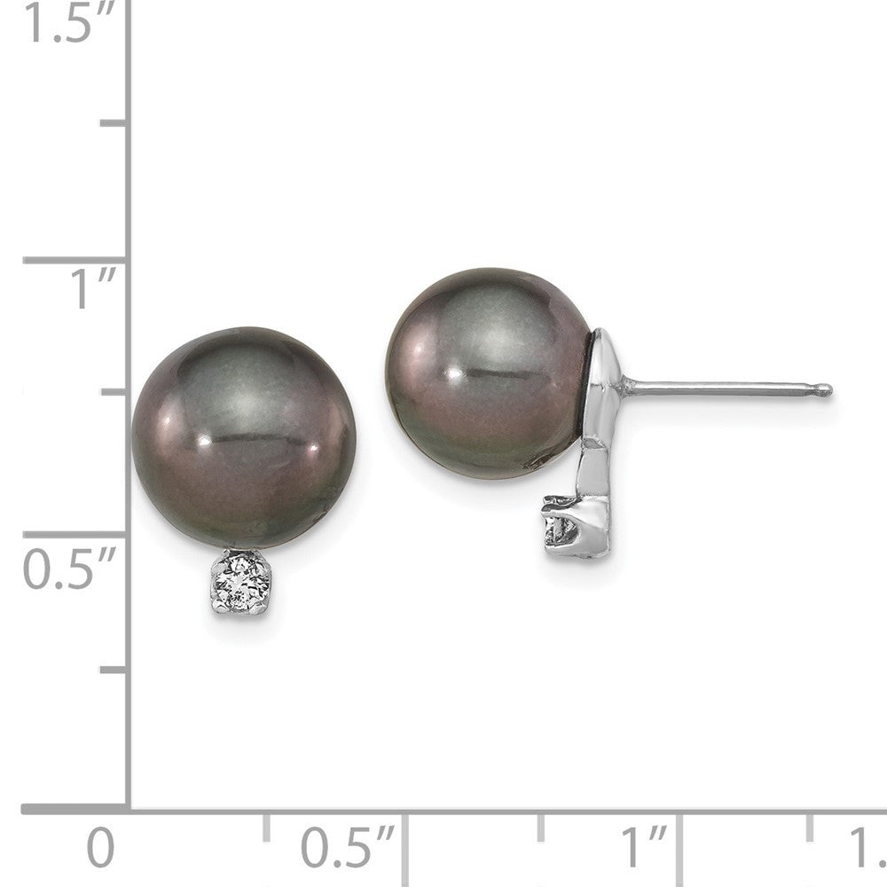 14k White Gold 10mm Black Tahitian Saltwater Cultured Pearl and Diamond Earring