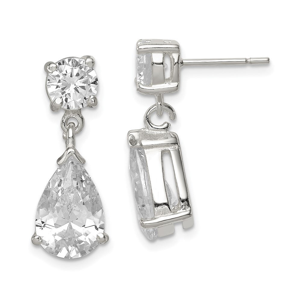 Sterling Silver Polished CZ Pear Shaped Dangle Earrings