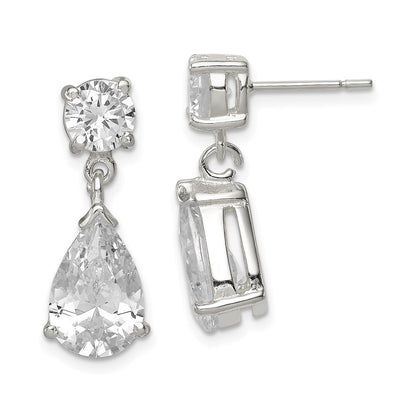 Sterling Silver Polished CZ Pear Shaped Dangle Earrings