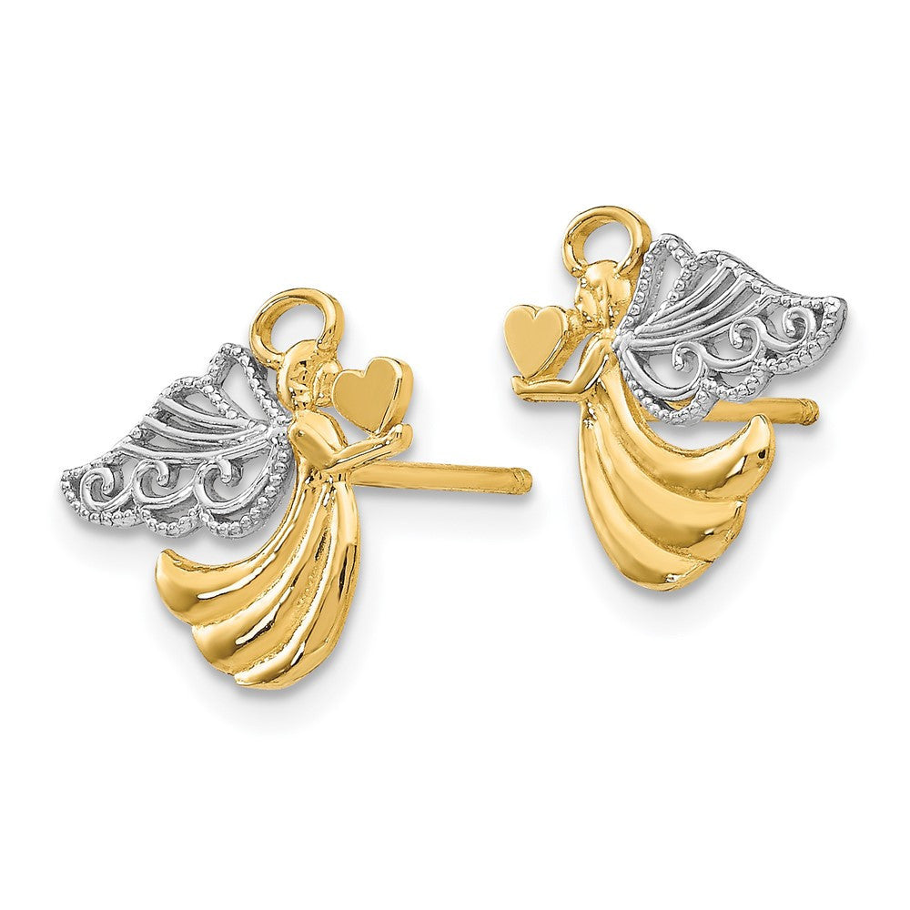 14k Yellow Gold w/Rhodium Angel With Heart Stud Earrings