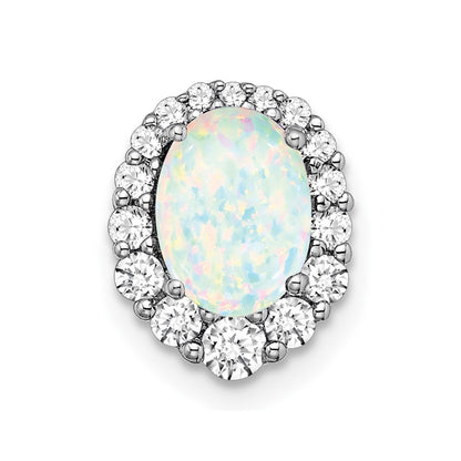 14k White Gold Oval Created Opal and Diamond Halo Chain Slide