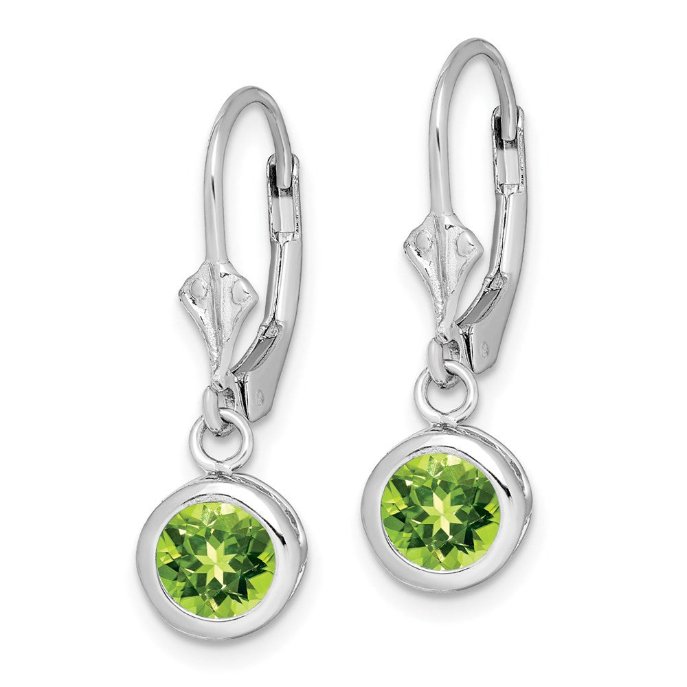 Sterling Silver Rhodium Plated 6mm Round Peridot Leverback Dangle Earrings