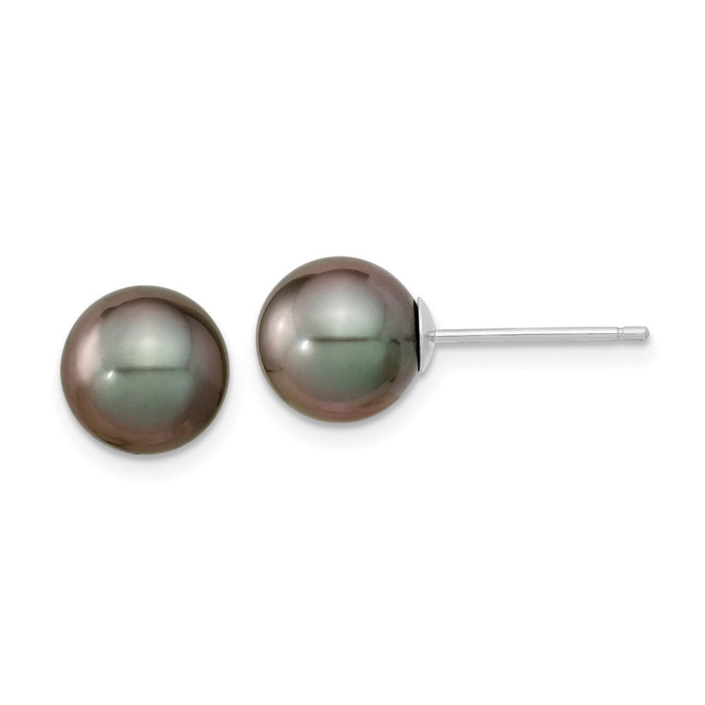 14k White Gold 8-9mm Black Round Tahitian Saltwater Cultured Pearl Stud Earrings