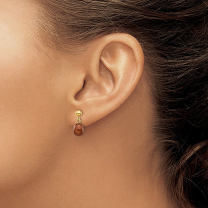 14k Yellow Gold 6-7mm Brown Rice Freshwater Cultured Pearl Dangle Earrings