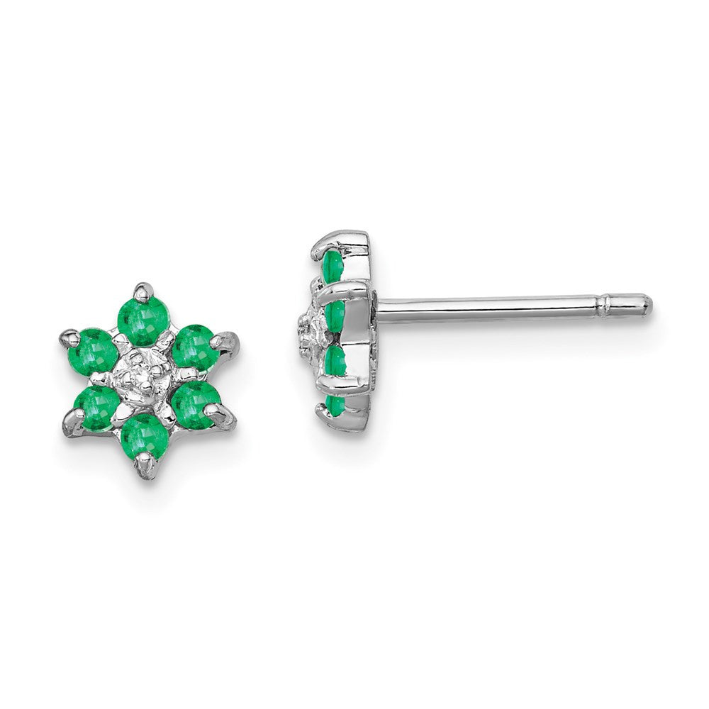 Sterling Silver Rhodium Emerald & Diamond Button Stud Earrings