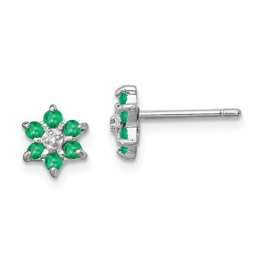 Sterling Silver Rhodium Emerald & Diamond Button Stud Earrings