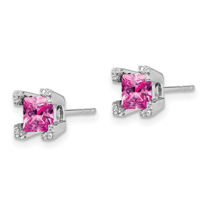 14k White Gold Square Created Pink Sapphire and Diamond Stud Earrings