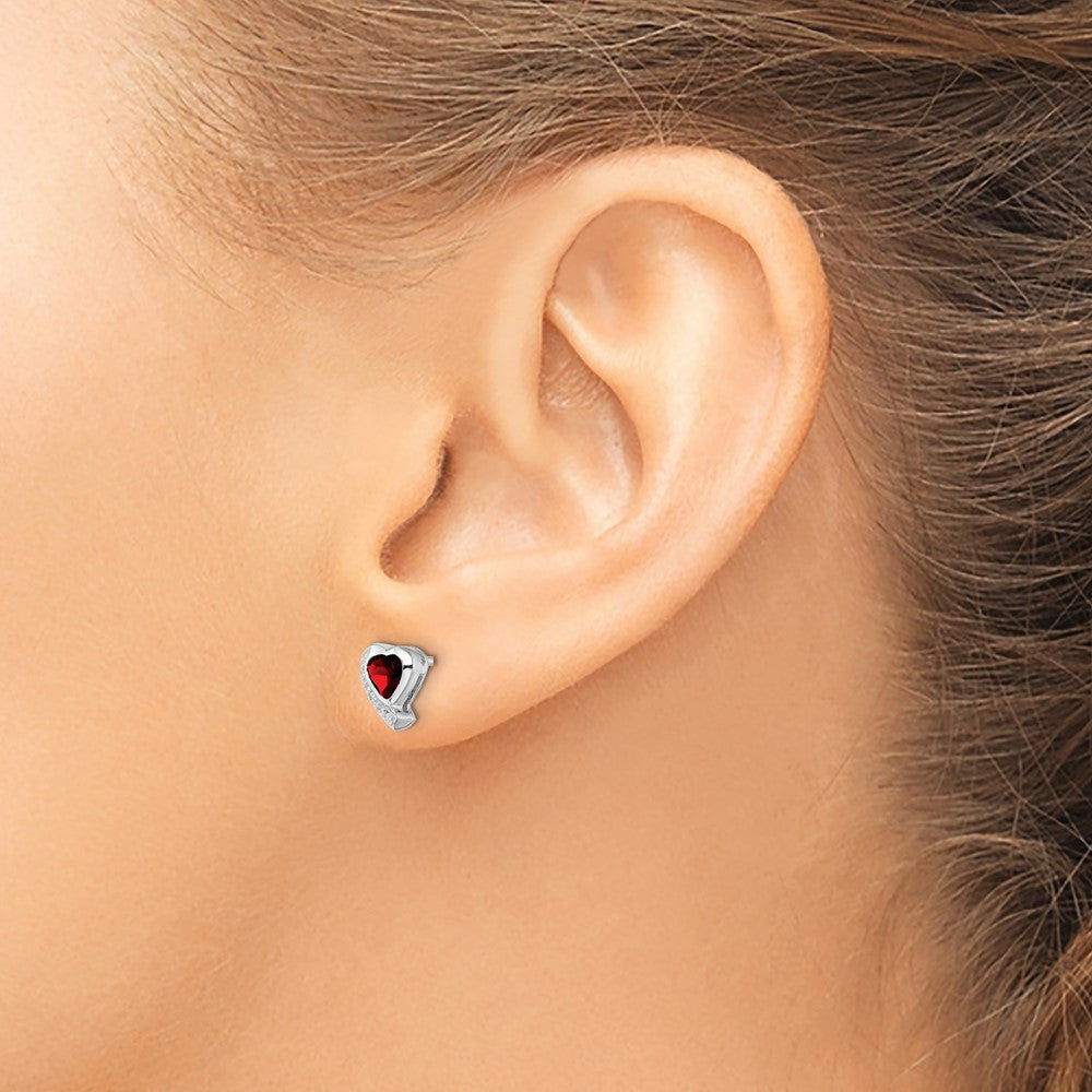 Sterling Silver Rhodium-plated Garnet and Diamond Heart Button Stud Earrings