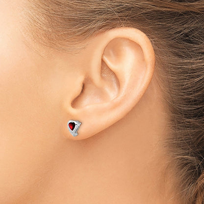 Sterling Silver Rhodium-plated Garnet and Diamond Heart Button Stud Earrings