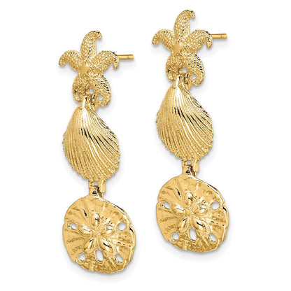 14k Yellow Gold Starfish, Shell ,Sand Dollar Dangle Earrings