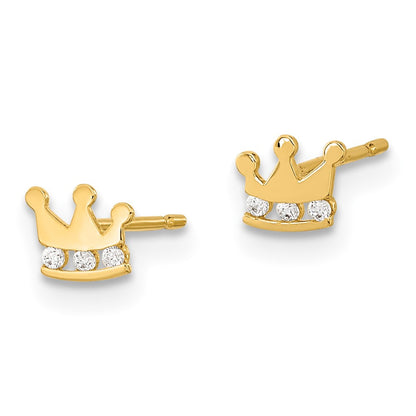14k Yellow Gold Kids CZ Crown Button Stud Earrings