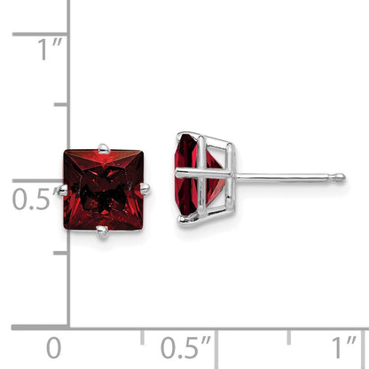 14k White Gold 7mm Princess Cut Garnet Stud Earrings