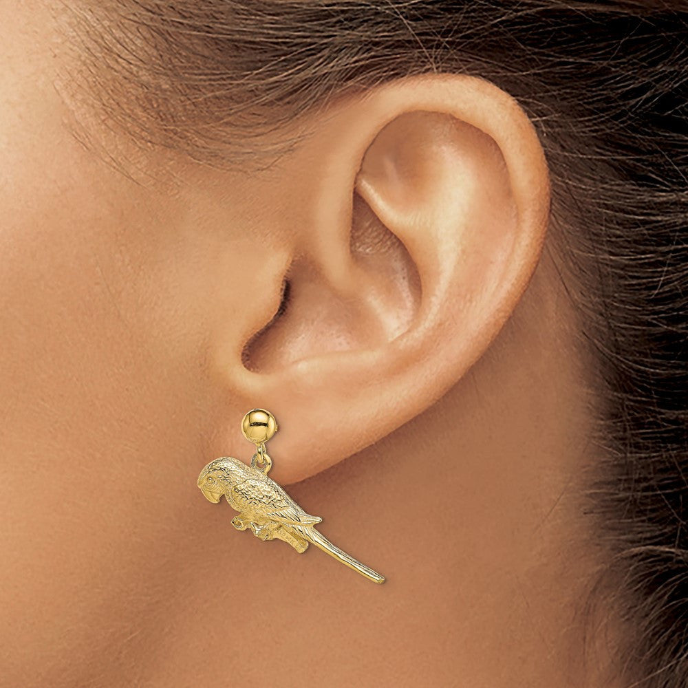 14k Yellow Gold 3-D Parrot Dangle Earrings