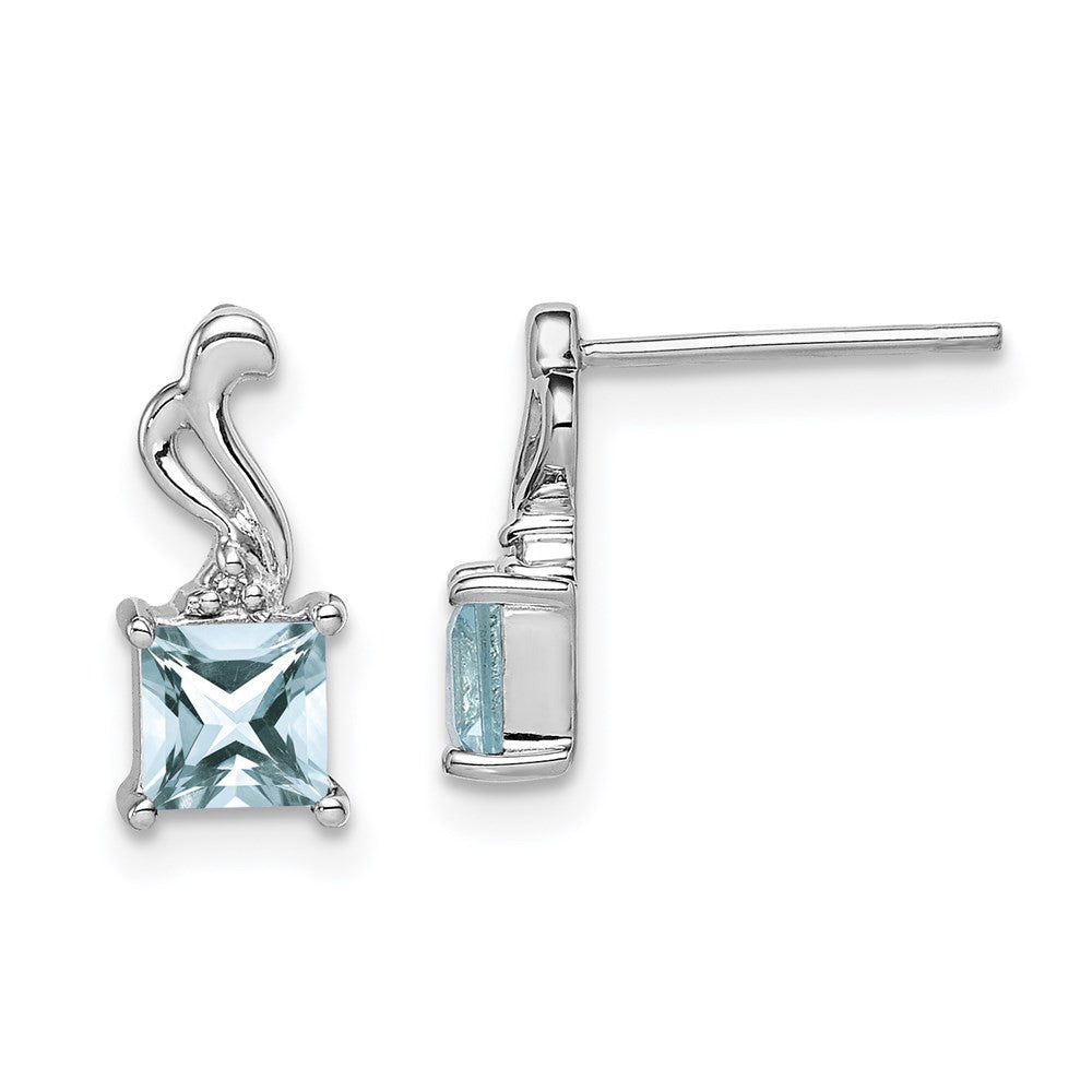 Sterling Silver Rhodium Plated Dia. Aquamarine Square Dangle Earrings