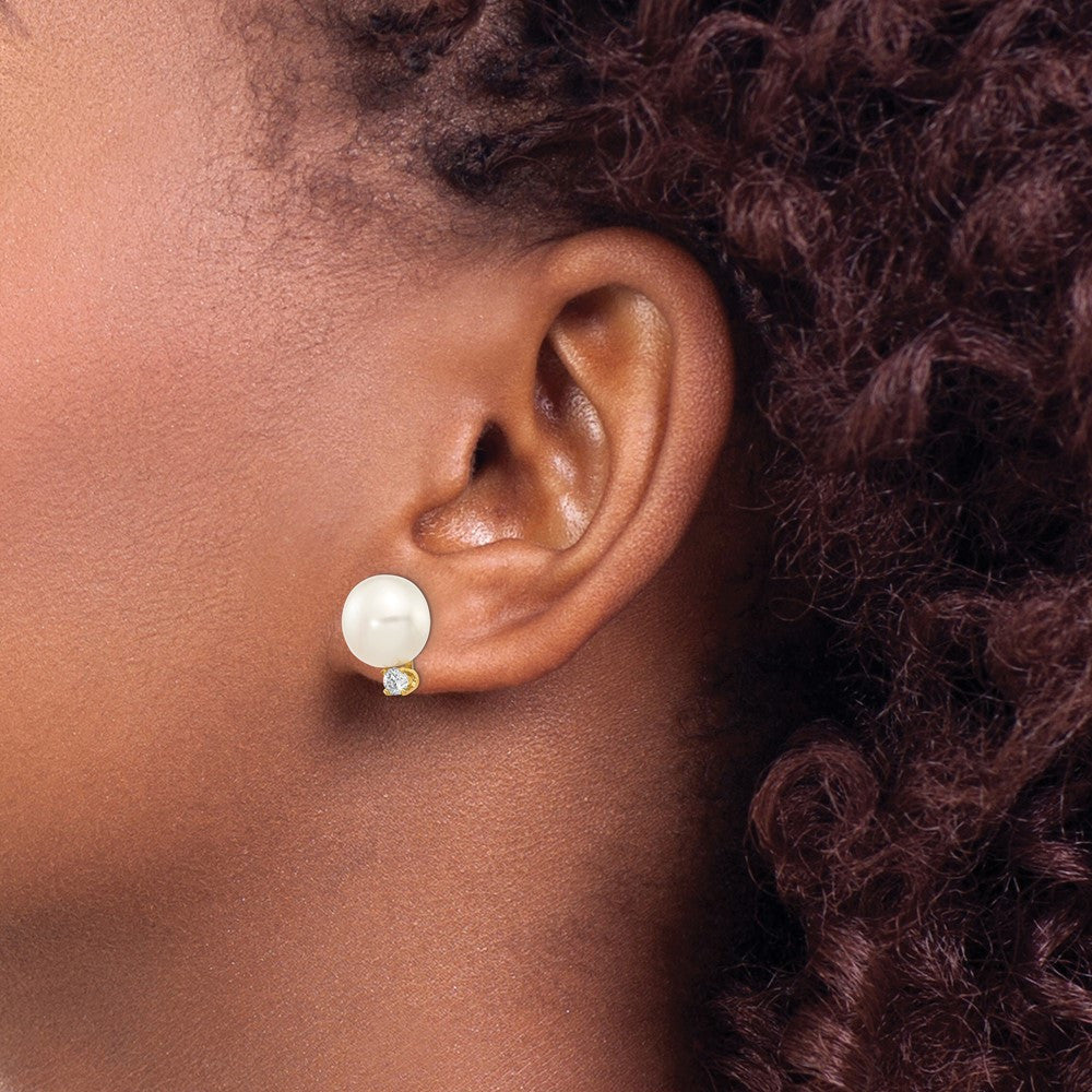 14k Yellow Gold 11mm Button Freshwater Cultured Pearl & Diamond Stud Earrings