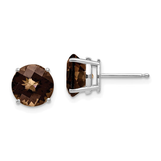 14k White Gold  8mm Round Checker-Cut Smoky Quartz Stud Earrings