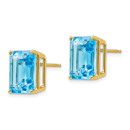 14k Yellow Gold 12x10mm Emerald Cut Blue Topaz Stud Earrings