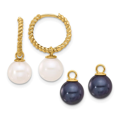 14k Yellow Gold Black & Freshwater Cultured Pearl Removable Dangle Hoop Earrings