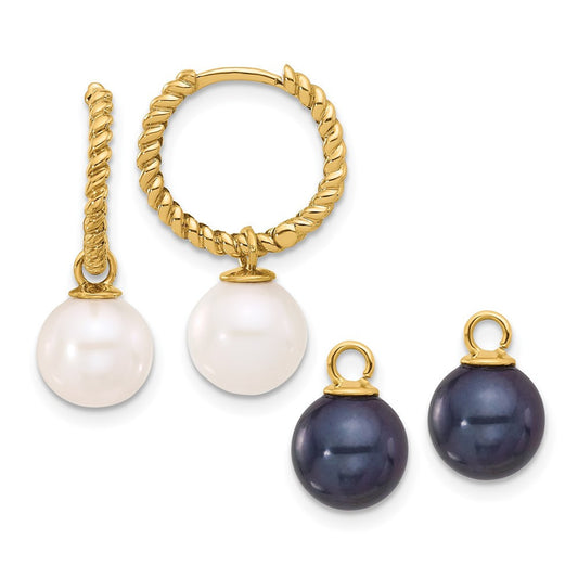 14k Yellow Gold Black & Freshwater Cultured Pearl Removable Dangle Hoop Earrings