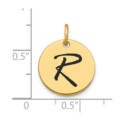 14k Yellow Gold Polished Black Enamel Letter R Initial Disk Charm Pendant