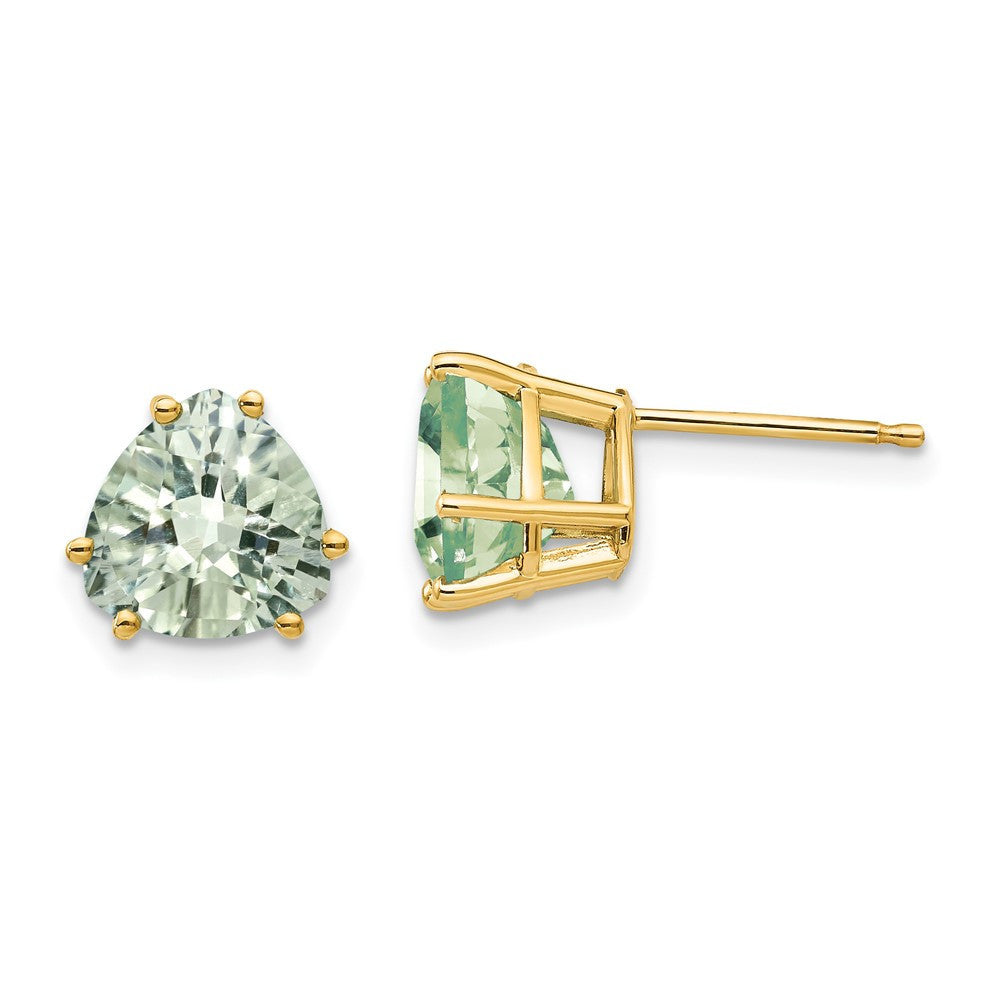 14k Yellow Gold 8mm Trillion Checker-Cut Green Quartz Stud Earrings