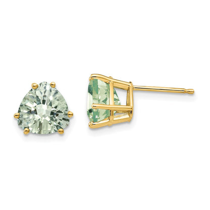 14k Yellow Gold 8mm Trillion Checker-Cut Green Quartz Stud Earrings