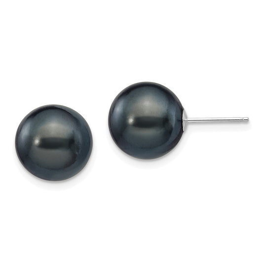 14k White Gold 10-11mm Black Round Freshwater Cultured Pearl Ball Stud Earrings