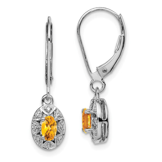 Sterling Silver Rhodium-plated Diam. & Citrine Dangle Earrings