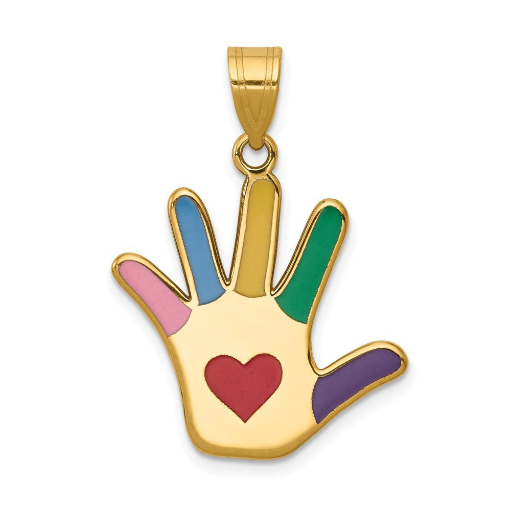 14k Yellow Gold Enameled Autism Heart Handprint Pendant