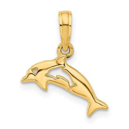 14k Yellow Gold Polished Dolphin with Cut-out Baby Dolphin Pendant