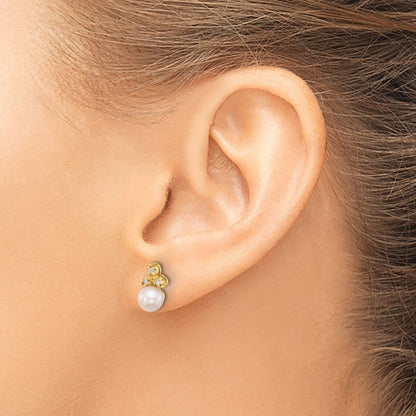 14k Yellow Gold 5-6mm Button Freshwater Cultured Pearl & Diamond Stud Earrings