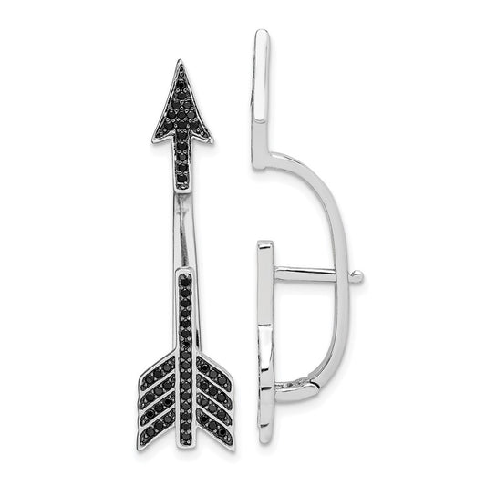 Sterling Silver Rhodium-plated Polished Black CZ Arrow Hinged Dangle Earrings