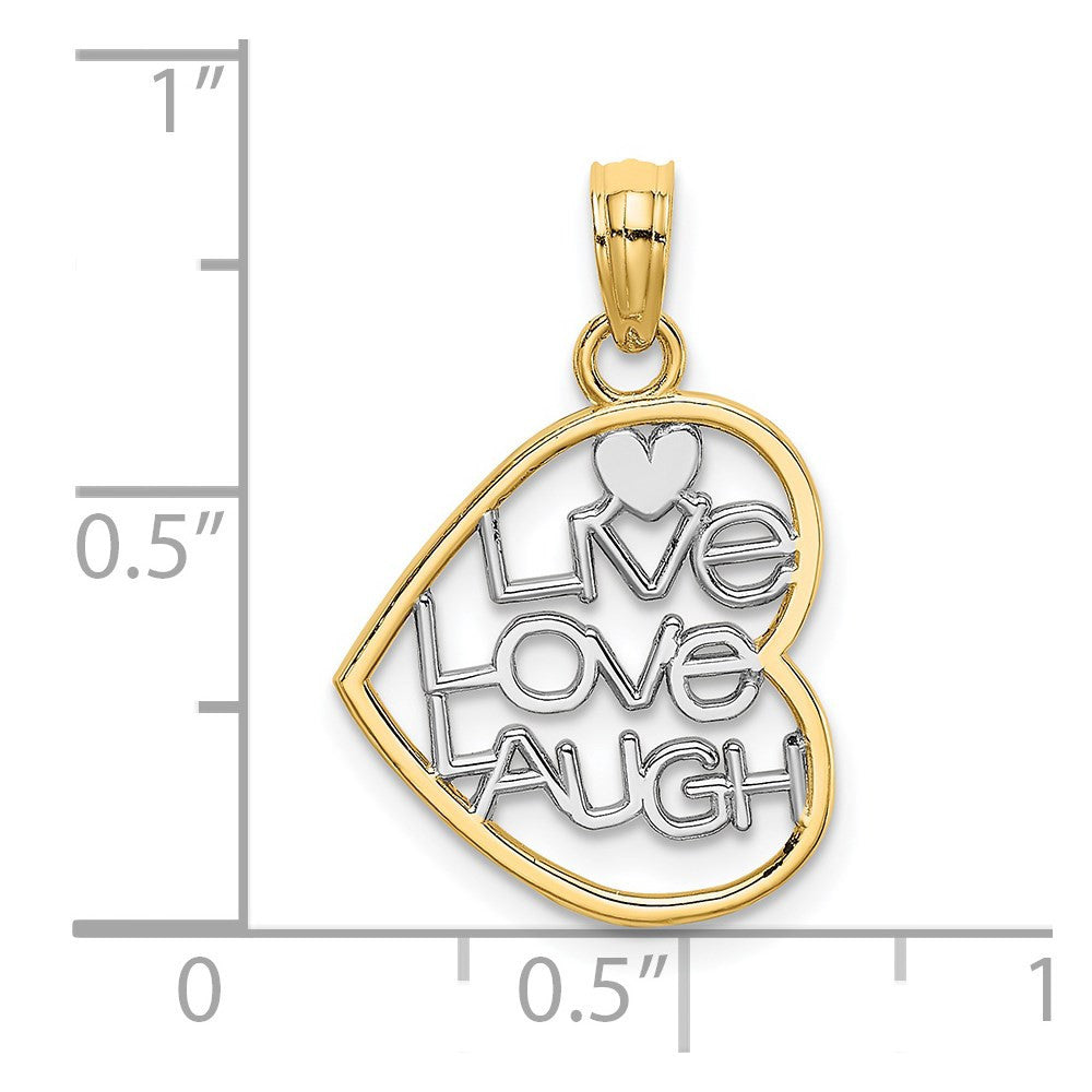 14k Yellow Gold and Rhodium LIVE LOVE LAUGH In Heart Charm Pendant