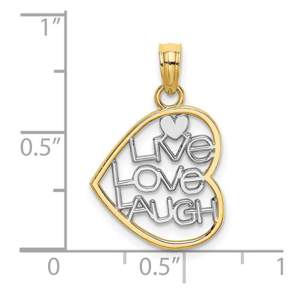 14k Yellow Gold and Rhodium LIVE LOVE LAUGH In Heart Charm Pendant