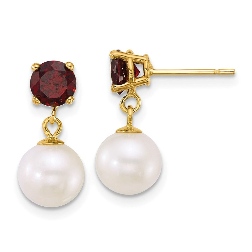 14k Yellow Gold 7-8mm Freshwater Cultured Pearl & Garnet Dangle Earrings