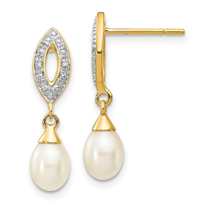 14k Yellow Gold 7x5mm White Teardrop FWC Pearl .01ct Diamond Dangle Earrings